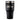 Black insulated tumbler with a silver logo embossed on the front