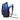 Side view of a blue and black backpack with multiple compartments.