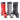 Three colorful BMX bike pegs in red, silver, and black