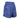The right side of a pair of purple running shorts with a light blue pattern and a key ring on the hip.