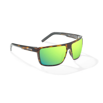 Sunglasses with green lenses and a thin, brown and black tortoiseshell frame.