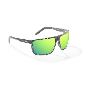 Sunglasses with green lenses and a thin, grey tortoisehell frame.