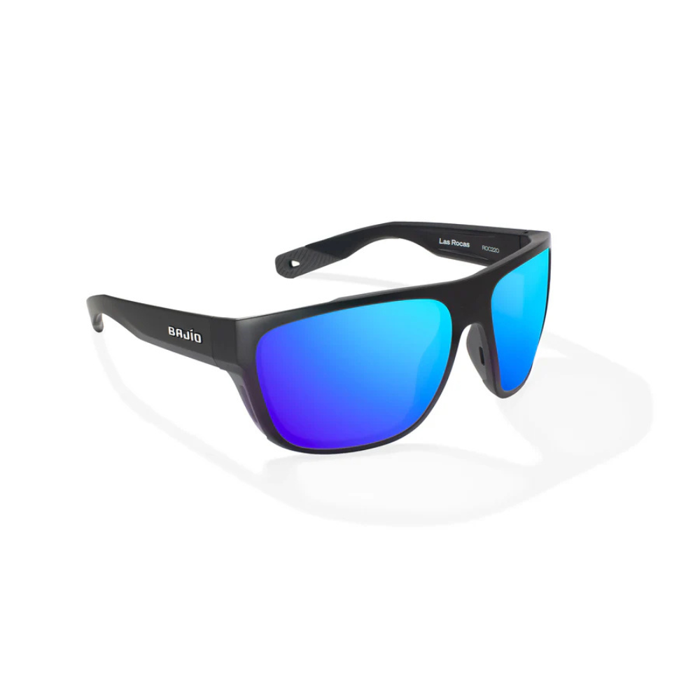 Black sunglasses with blue gradient lenses on a white background.