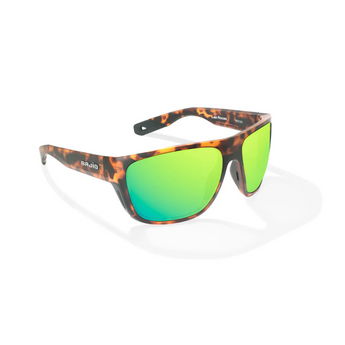Sunglasses with an orange and black tortoiseshell frame and green gradient lenses.