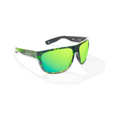 Green sunglasses with a green and black tortoiseshell frame.