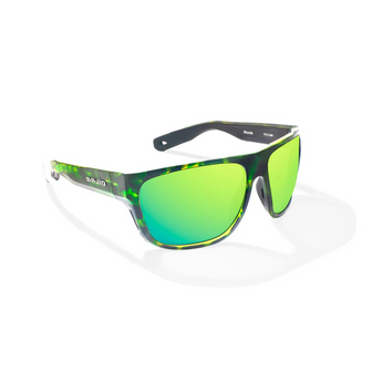 Green sunglasses with a green and black tortoiseshell frame.