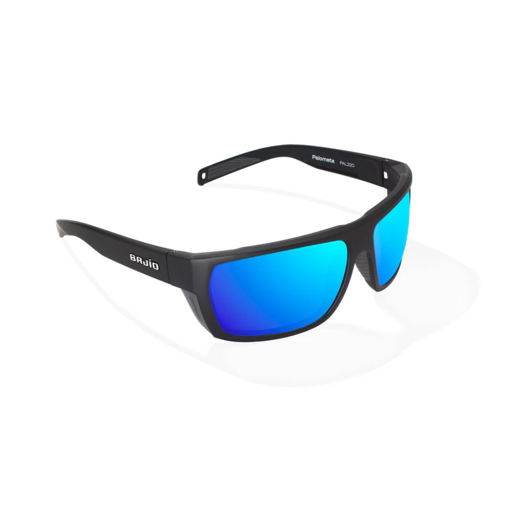 Sunglasses with blue lenses and a black frame on a white background.