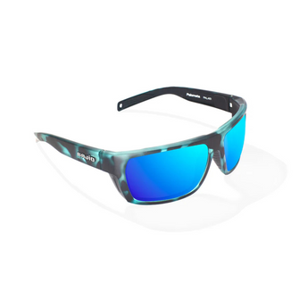 Sunglasses with blue lenses and a black and blue tortoiseshell frame on a white background.