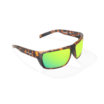 Sunglasses with an orange and black tortoiseshell frame and green lenses on a white background.