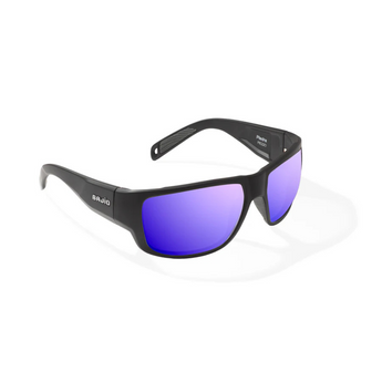 Black sunglasses with purple lenses on a white background.
