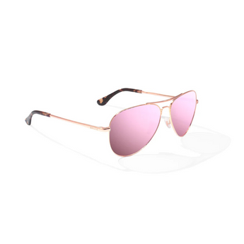 Thin rose gold metal framed sunglasses with pink lenses.