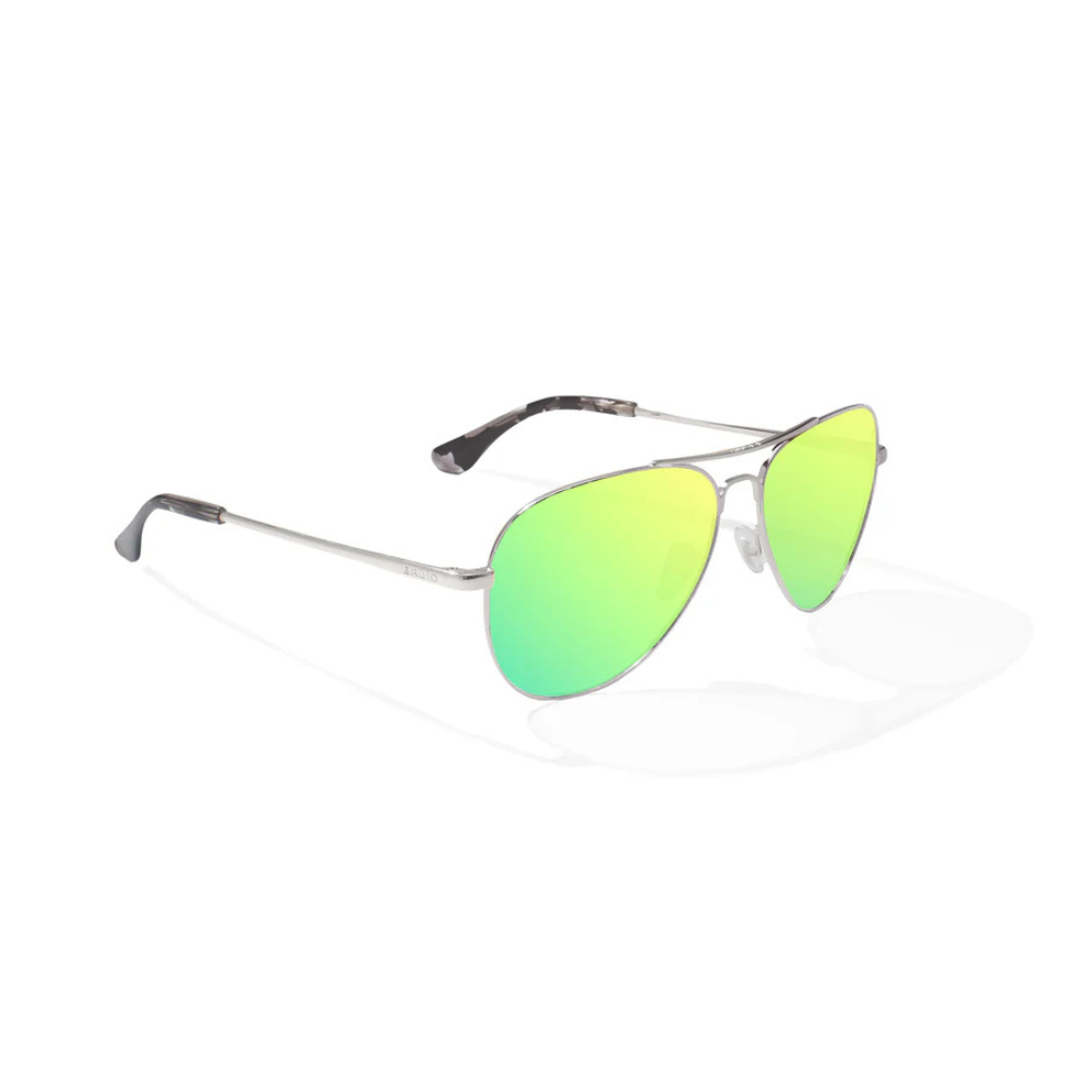 Thin metal framed sunglasses with green gradient lenses.