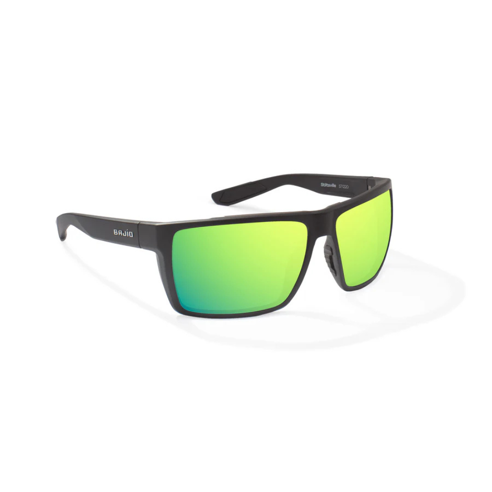 Sunglasses with green gradient lenses and a black frame with the bajio logo. 