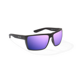 Sunglasses with black frame and purple lenses, featuring the bajio logo on the side.