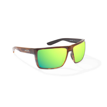 Sunglasses with green lenses and a brown frame.