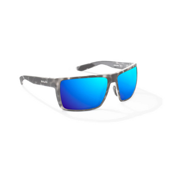 Sunglasses with blue lenses and a gray frame featuring the bajio logo on the side. 