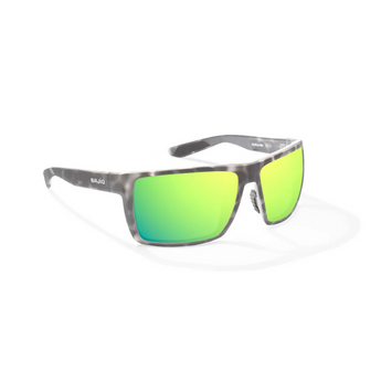 Sunglasses with green lenses and a gray tortoiseshell frame with the bajio logo on the side. 