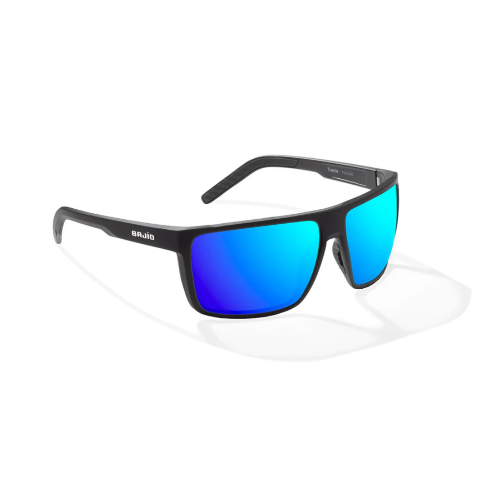 Sunglasses with blue lenses and a thin black frame.