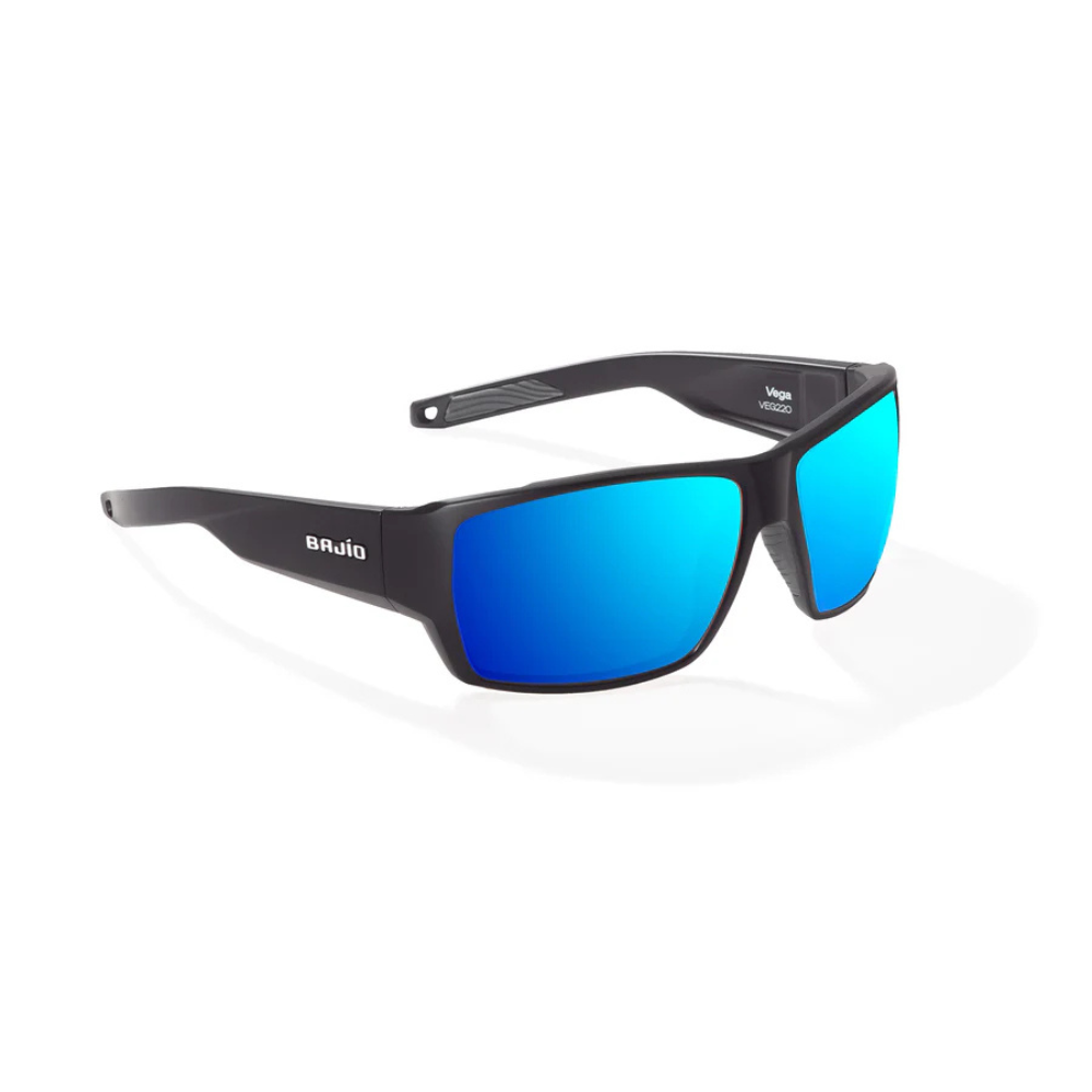Sunglasses with blue lenses and a black frame.
