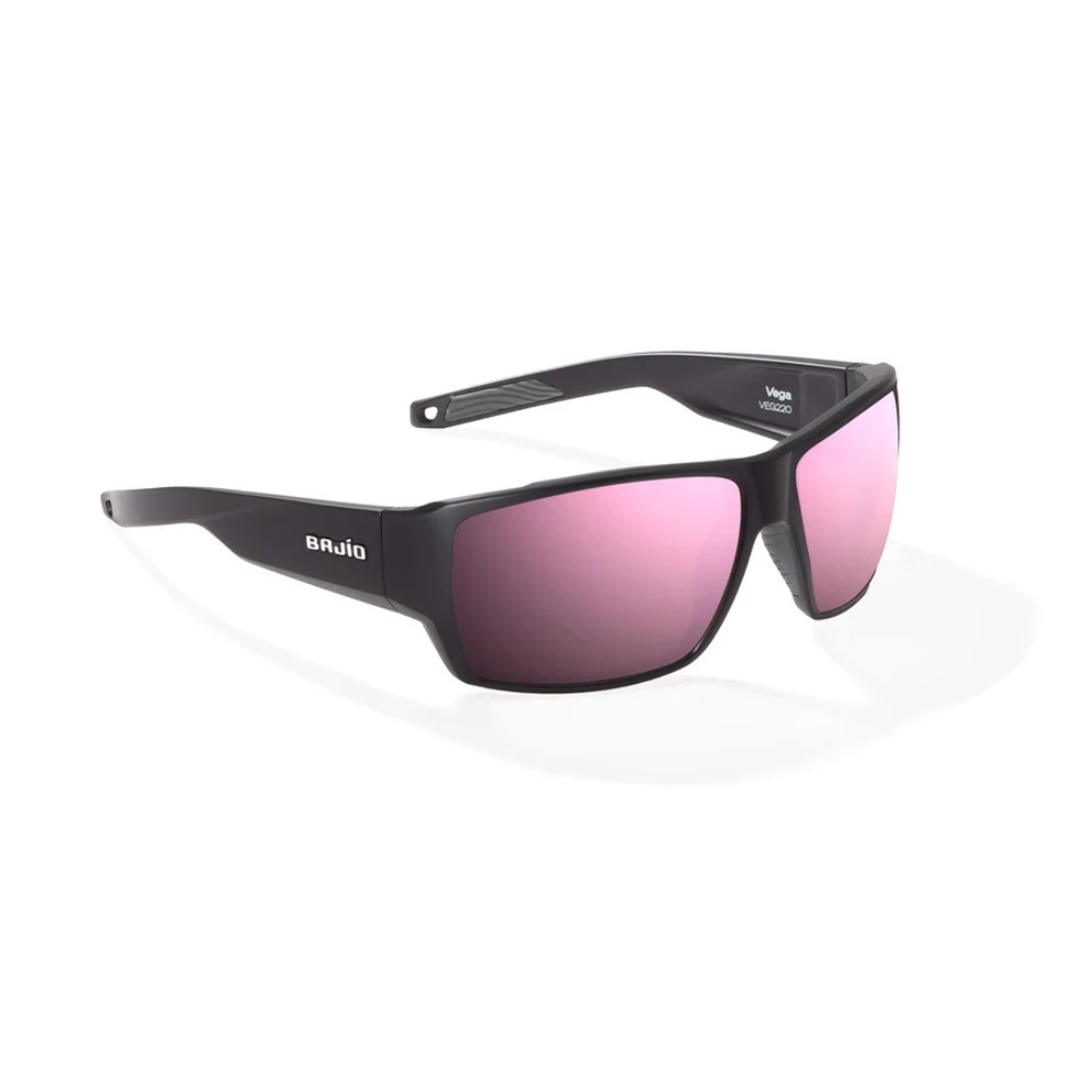 Sunglasses with pink lenses and black frame.