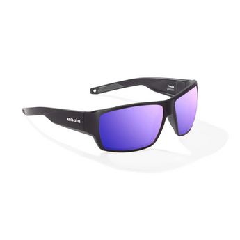 Black sunglasses with purple lenses in a black frame.