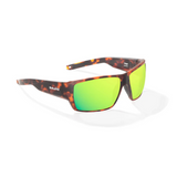 Sunglasses with an orange and black tortoiseshell frame and green gradient lenses on a white background.