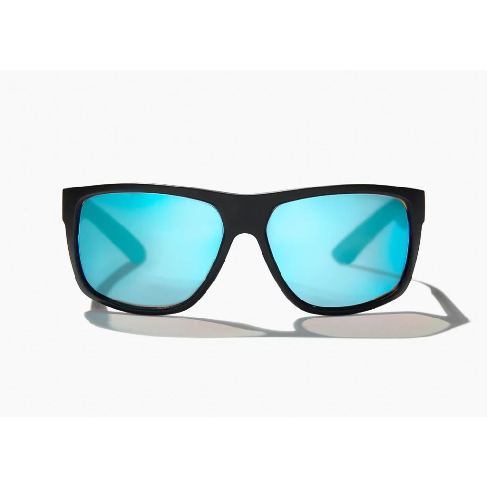 Black sunglasses with blue tinted lenses.