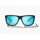 Black sunglasses with blue tinted lenses.