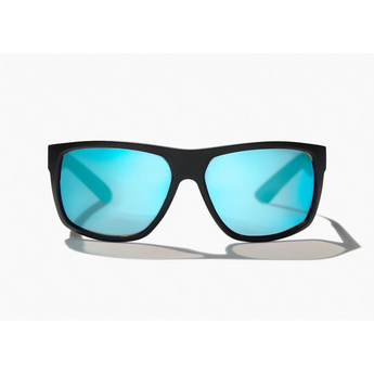Black sunglasses with blue tinted lenses.