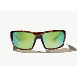 Brown tortoiseshell sunglasses with green/blue reflective lenses.