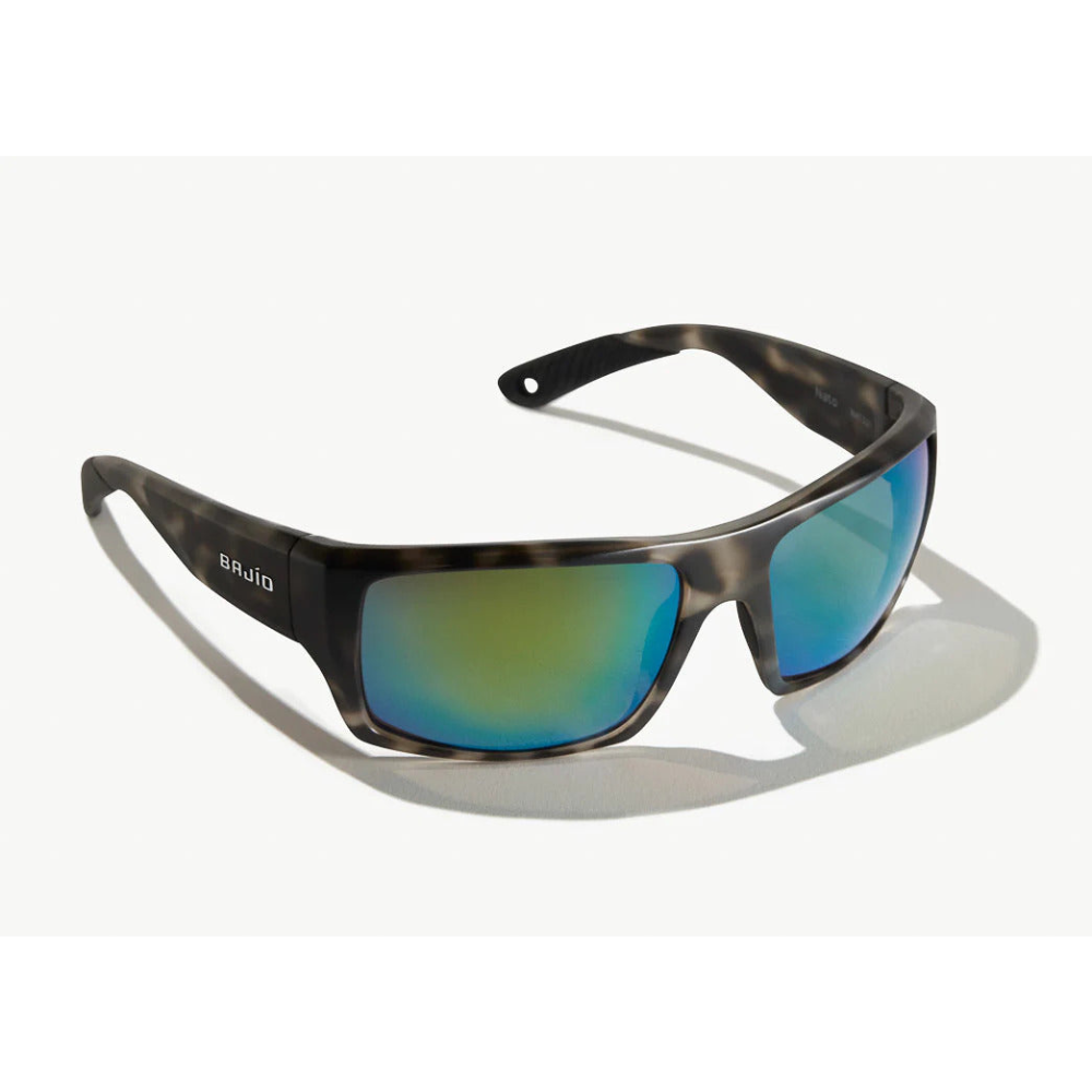 Sunglasses with a grey patterned frame and blue/green mirrored lenses.