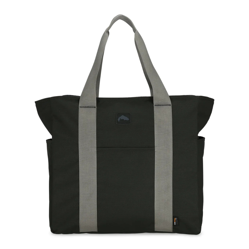 The front of a dark grey water resistant tote bag.