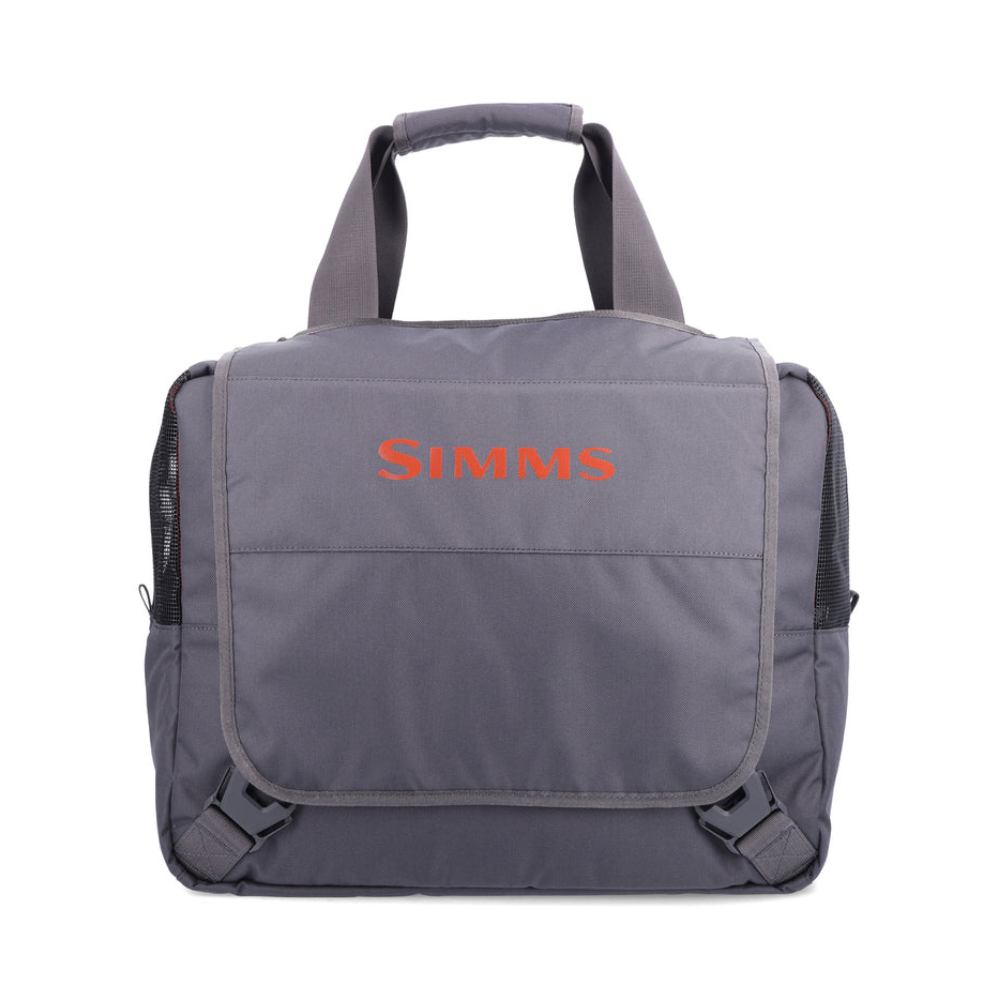 Front view of a grey water resistant tote bag with the orange Simms logo across the front.