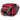Side of a red can cooler with zippered pockets on the front and side.