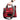 Hand holding a red can cooler with handles and an adjusatble shoulder strap.