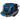 Side of a blue can cooler with zippered pockets on the front and side.