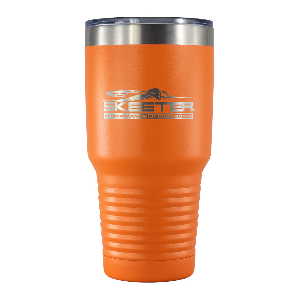 Front of stainless steel 30 oz tumbler in orange, featuring the Skeeter logo across the side.