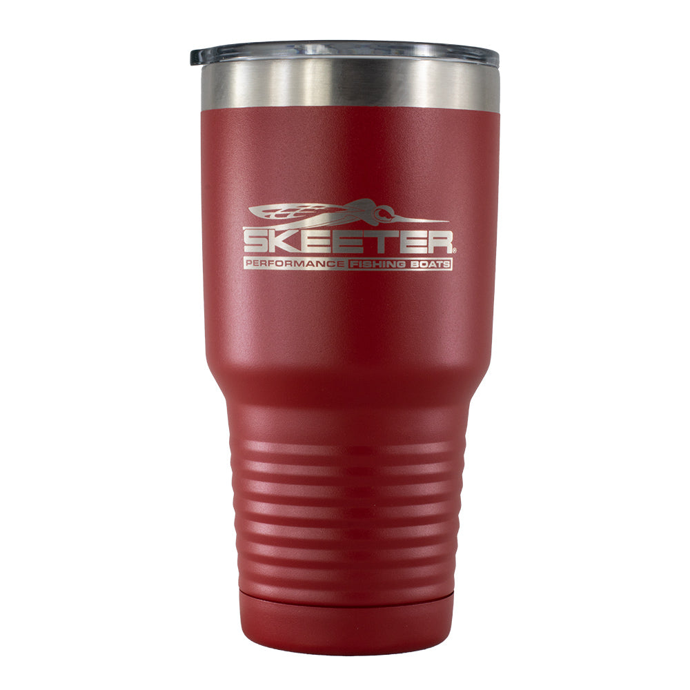 Front of stainless steel 30 oz tumbler in red, featuring the Skeeter logo across the side.