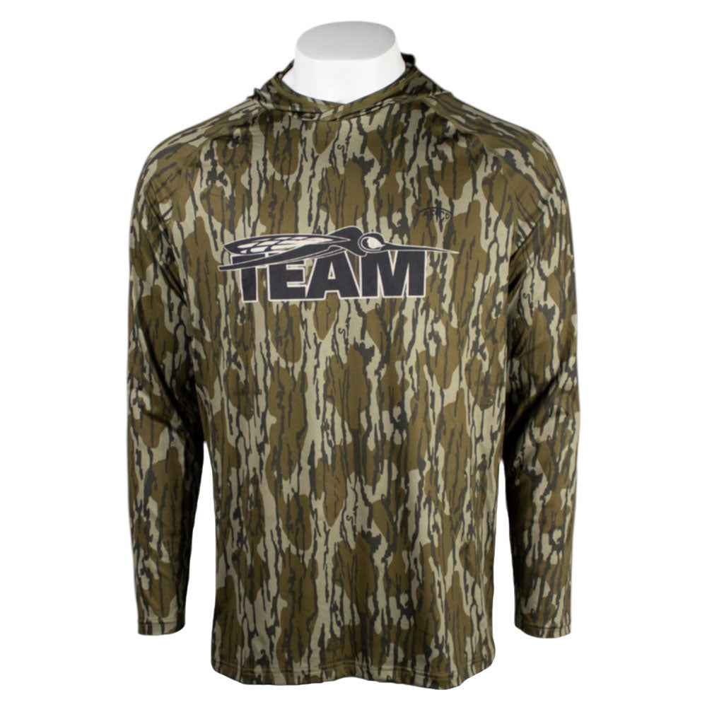 A green and beige camouflage hoodie with a black skeeter 'TEAM' logo on the chest.