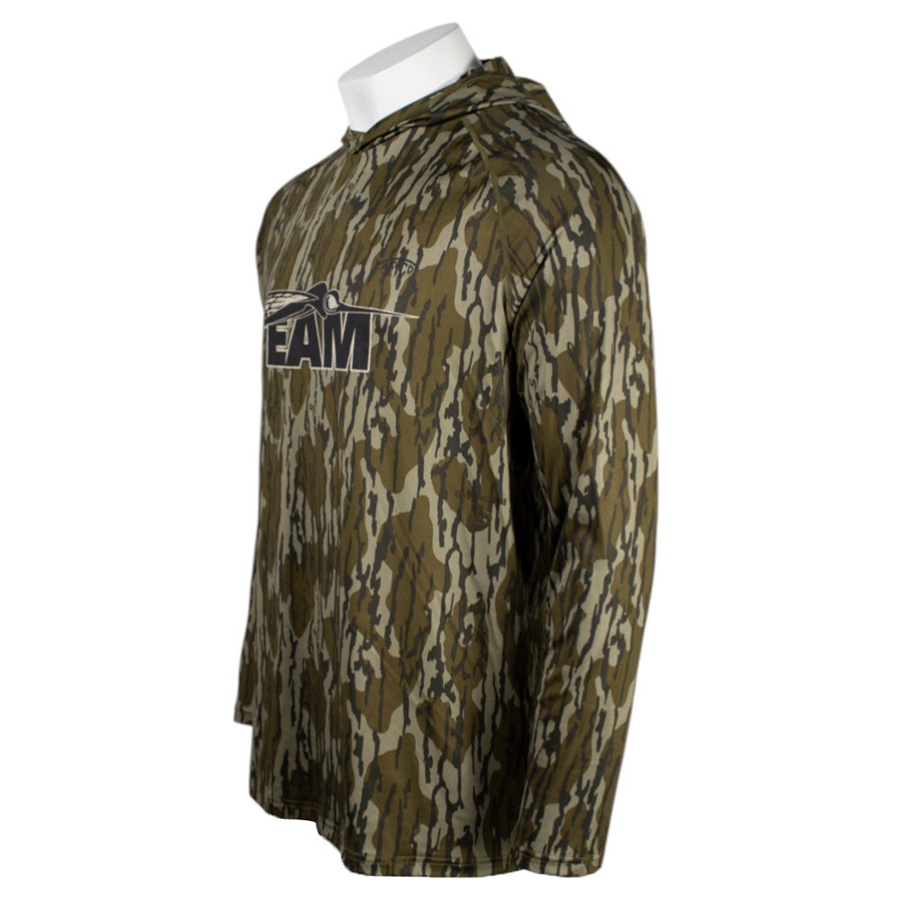 Side of a green camouflage hoodie with a black skeeter logo on the front. 
