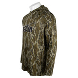 Side of a green camouflage hoodie with a black skeeter logo on the front. 