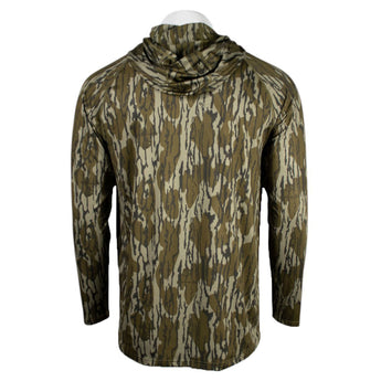 Back of a camouflage-patterned hooded long sleeve.