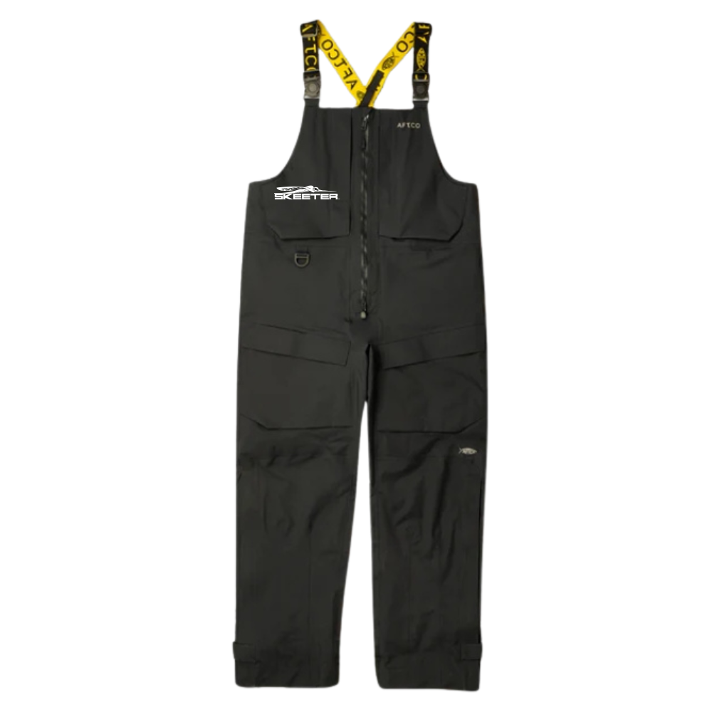 A pair of black fishing bibs that extend from the chest to the ankle. The shoulder straps are black and yellow. Printed on the left chest is the skeeter logo. 