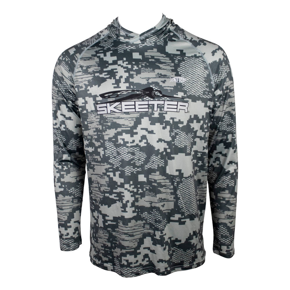 Front of a grey UPF hooded long sleeve with a digital camo pattern, featuring the Skeeter logo in black and grey across the chest. 