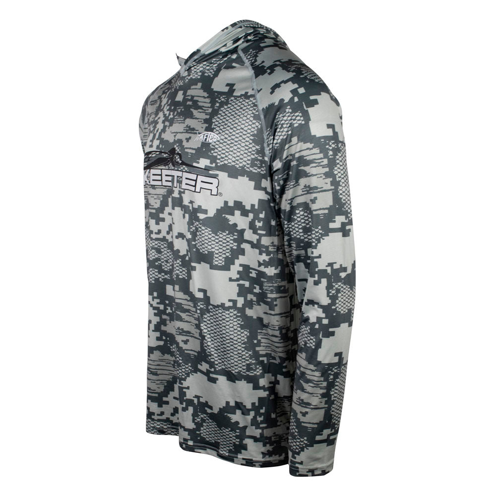 Left side of a grey UPF hooded long sleeve with a digital camo pattern. 