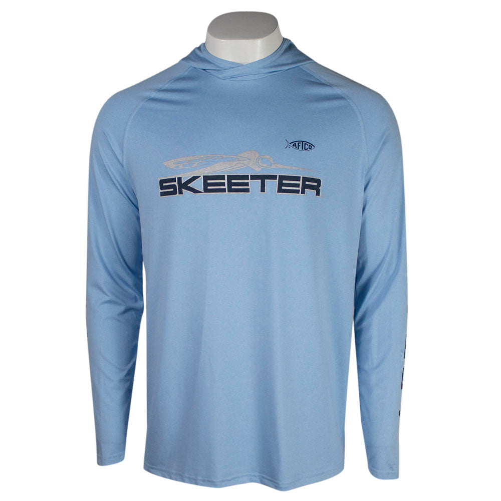 Front of a light blue UPF hooded long sleeve with the Skeeter logo printed in silver and navy across the chest. The AFTCO logo is on the left side of the chest in navy. 