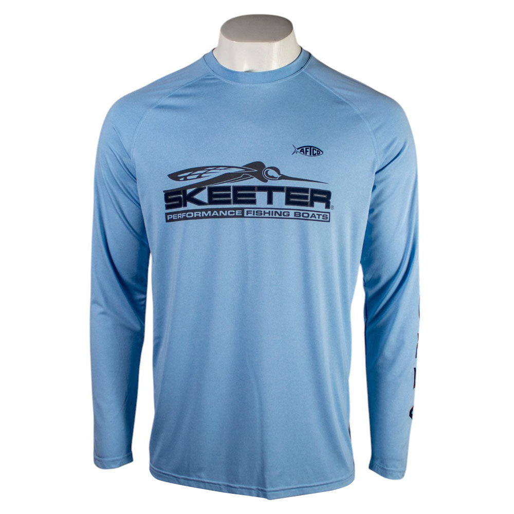 Blue long-sleeve shirt with a black 'Skeeter Performance Fishing Boats' logo on the chest. 