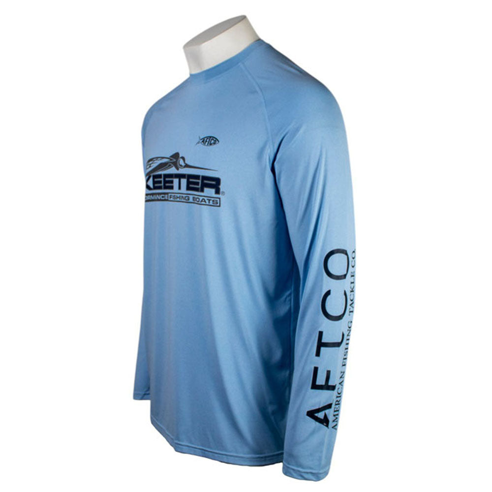 Side of a blue long-sleeve shirt with the skeeter logo across the chest and the AFTCO logo down the sleeve. 