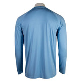 Back of a blue long-sleeve performance shirt.