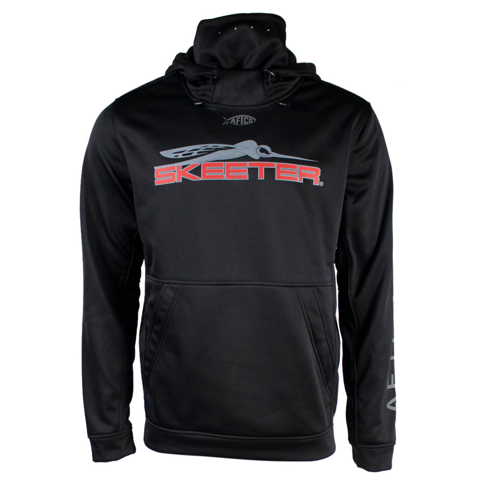 Front of a black reaper hoodie with a face covering neckline, two front pockets, and elastic drawstrings. Across the chest is the Skeeter logo in red and grey. 